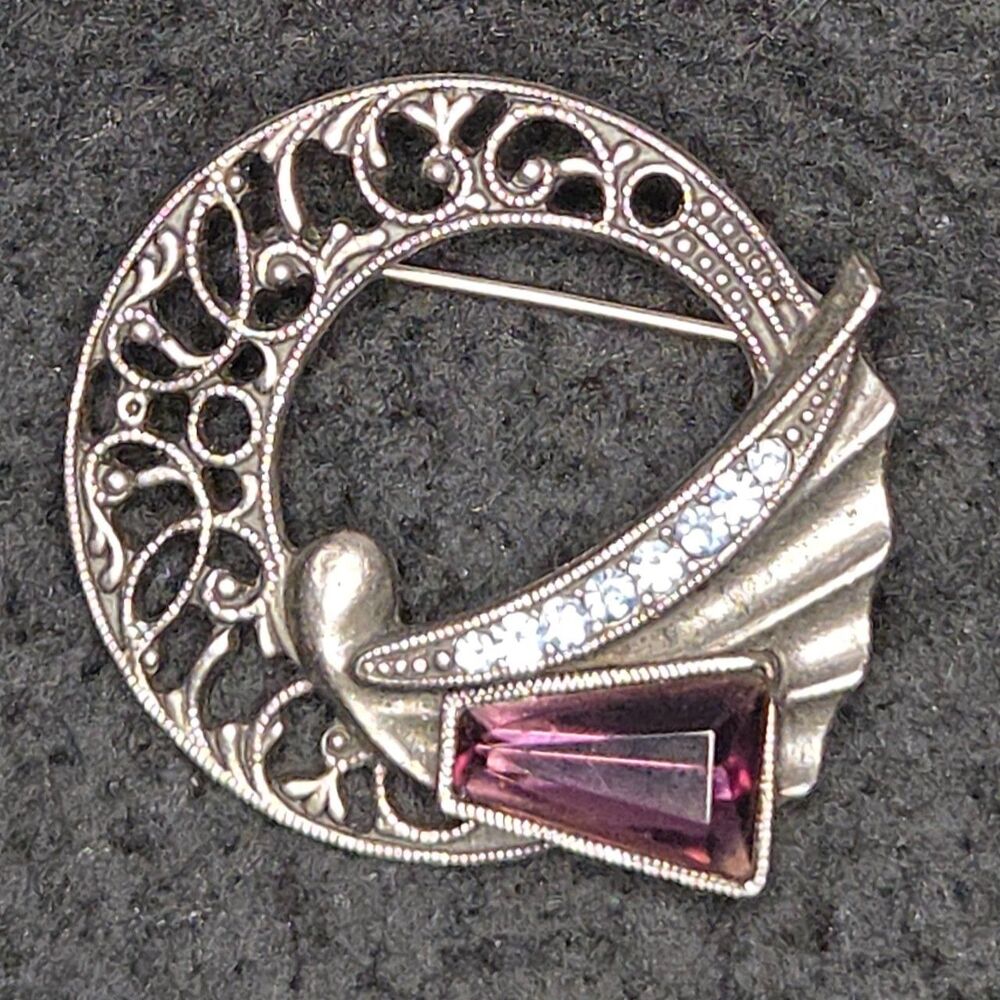 Vintage Deco Amethyst Ice Blue Rhinestones Filigree Setting Brooch